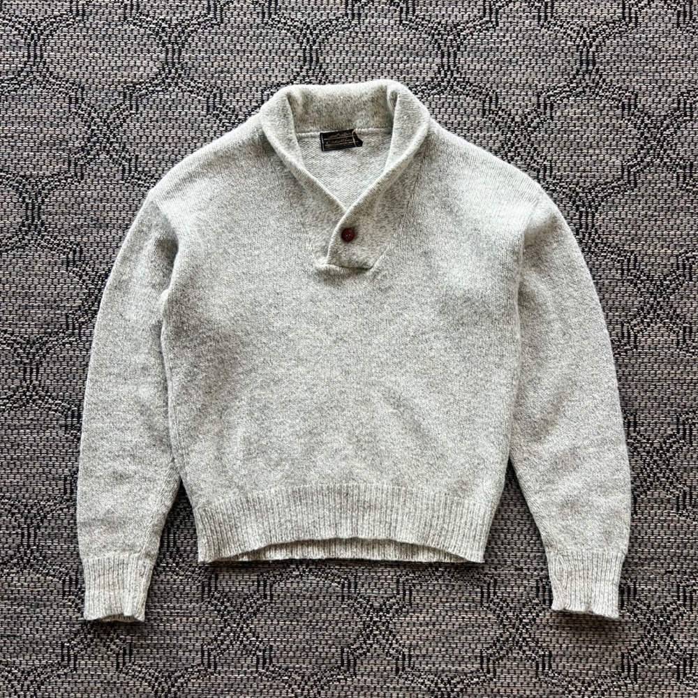 Vintage Eddie Bauer Sweater Men Medium Gray Wool Shawl Collar Knit Cabin Cropped